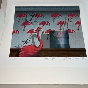 Artist James Carter “Wind Up” Flamingo Serigraph Artwork Signed Numbered Matted